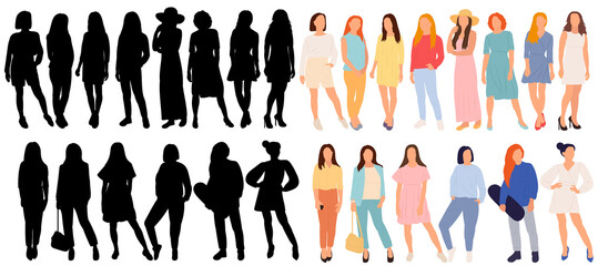girls, women silhouette set, on white background, isolated, vector