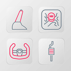 Set line Car muffler, Sport steering wheel, Gear shifter and handbrake icon. Vector