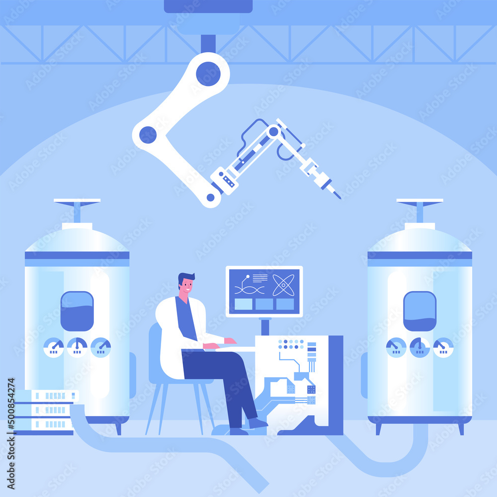 Poster automated scientific laboratory interior with robotic technology scientists analyses data of researc