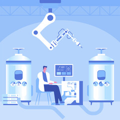 Automated scientific laboratory interior with robotic technology Scientists analyses data of research, robotic arms make test in flasks on modern professional lab equipment Vector science illustration