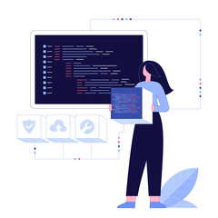 Web development, programmer engineering and coding website on augmented reality interface screens. Developer project engineer programming software or application design. Flat vector illustration