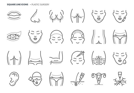 Plastic surgery related, pixel perfect, editable stroke, up scalable square line vector icon set.