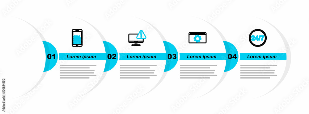 Poster set line clock 24 hours, setting, monitor with exclamation mark and mobile question and exclamation 