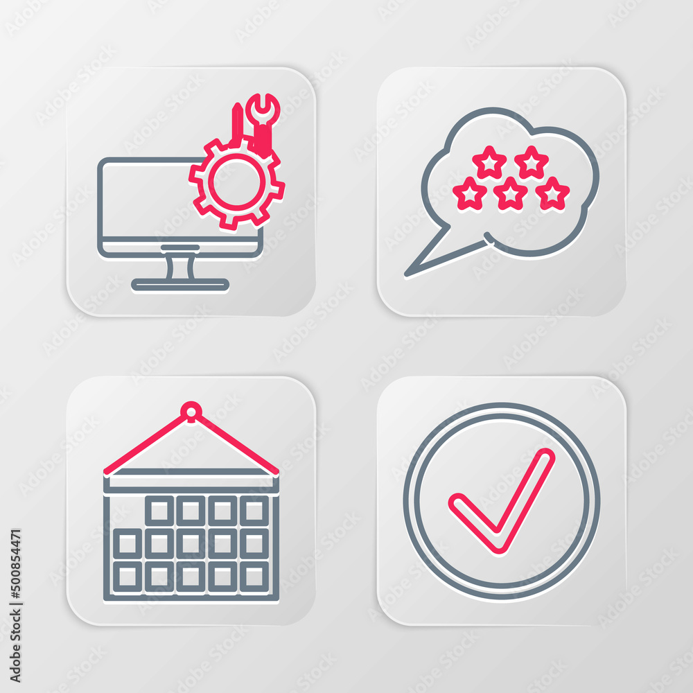 Poster set line check mark in circle, calendar, five stars rating review and computer monitor service icon.