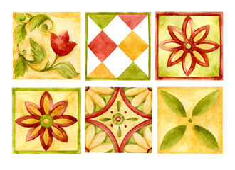 Watercolor Maiolica, Vietri, Spain, Sicilian, Italian, Mediterranean traditional square design. Ceramics majolica tile. Green, red, yellow floral clip art set.
