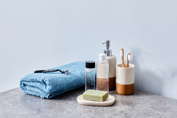Fototapeta na wymiar Image of hygiene products for body care on toilet table in bathroom