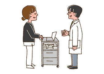 看護師に声をかけている医師　コミカルな手書きの人物　ベクター、線画にカラー