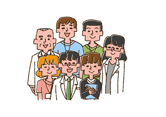 笑顔で並んでいる医療従事者　コミカルな手書きの人物　ベクター、線画にカラー