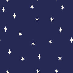 Star vector seamless pattern on navy background. Modern kids drawing illustration. Simple nursery prints for textile, apparel, fabric, digital paper design, baby clothes, scrapbooking, cover.