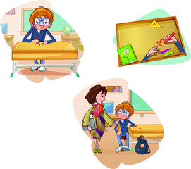 Classroom. The boy at the desk. Drawing on the desk. Teacher and student in the classroom. Strict teacher.