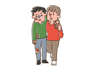 怪我した男性に肩を貸している男性　コミカルな手書きの人物　ベクター、線画にカラー