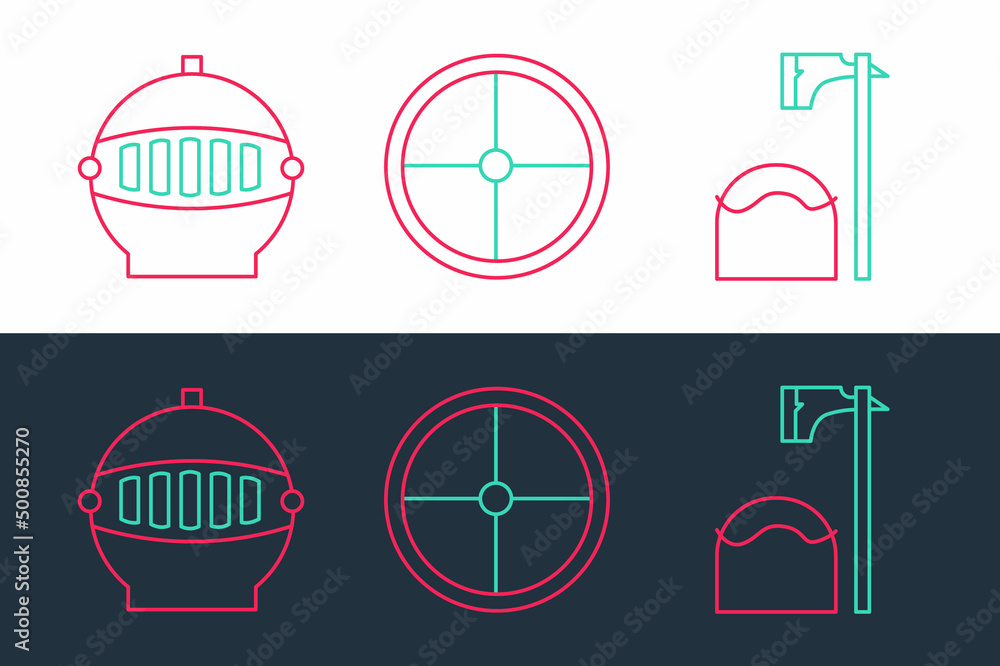 Aufkleber set line executioner axe in tree block, medieval iron helmet and round wooden shield icon. vector