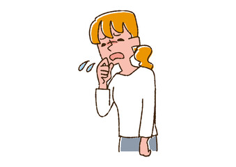 咳をしている女性　コミカルな手書きの人物　ベクター、線画にカラー