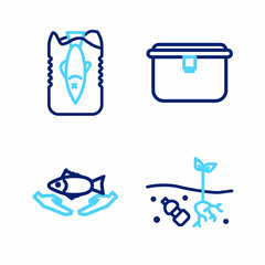 Set line Problem of pollution planet, Fish care, Lunch box and Stop ocean plastic icon. Vector
