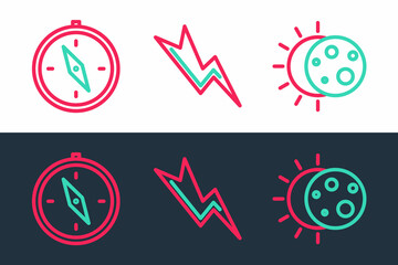 Set line Eclipse of the sun, Compass and Lightning bolt icon. Vector