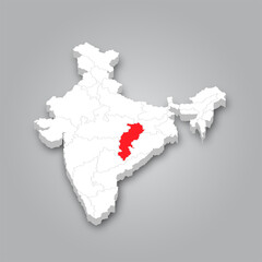 3D Map of India and the Location of the State of Chhattisgarh Marked in Red.