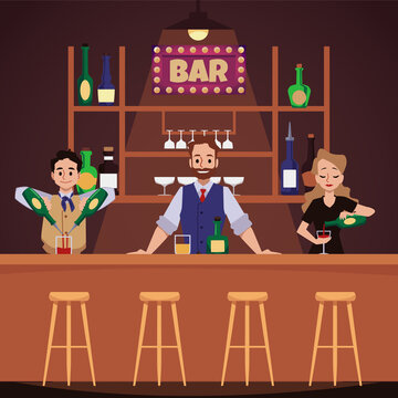 Bartenders demonstrate their skills of mixing drinks, flat vector illustration.