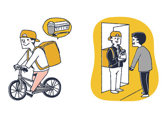 料理の配達サービスのセット　コミカルな手書きの人物　ベクター、線画にカラー