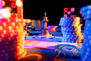 A quad of four aces, set chips and dice on gaming table on black background. Playing cards, poker chips, dealer chip and red dice close up in blue light. Set for gambling, poker, blackjack. - obrazy, fototapety, plakaty