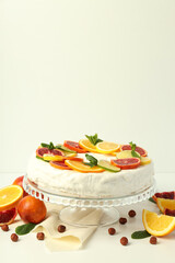 Concept of tasty dessert with meringue pie with citrus, space for text