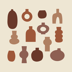 Antique vases vector illustration. Earthy colored set of pots and bottles. Modern minimalist design for social media, web banner, package branding