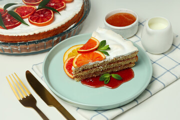 Concept of tasty dessert with meringue pie with citrus, closeup