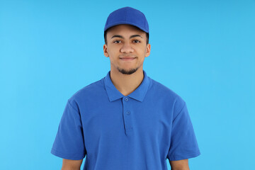 Concept of people with young man on blue background
