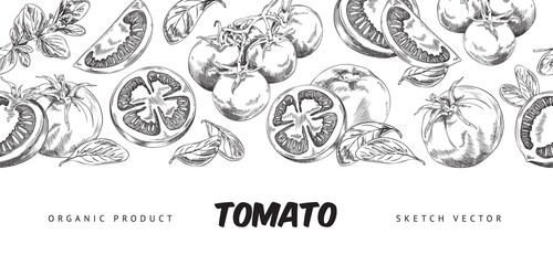 Horizontal banner with hand drawn monochrome different tomatoes and leaves