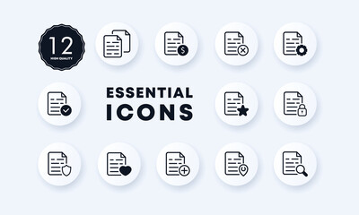 Documents icons set. Check mark. filling out paperwork. Protecting confidential papers. Neomorphism style.