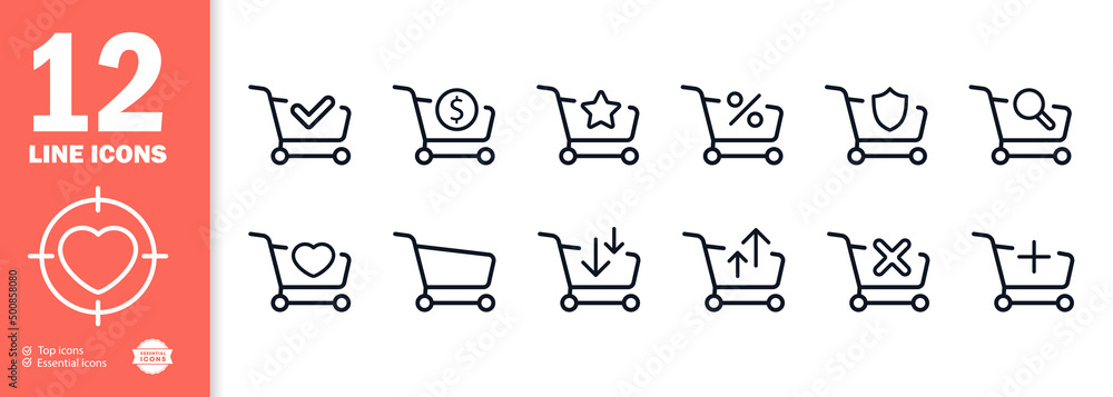 Poster trolley icons set. product search. purchase. loading and unloading the cart. check mark. discount. v