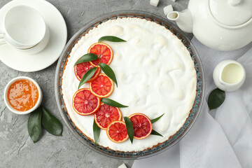 Concept of tasty dessert with meringue pie with citrus, top view