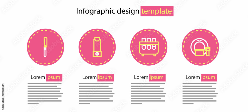 Sticker Set line Test tube and flask, Tomography, Inhaler and Medical saw icon. Vector