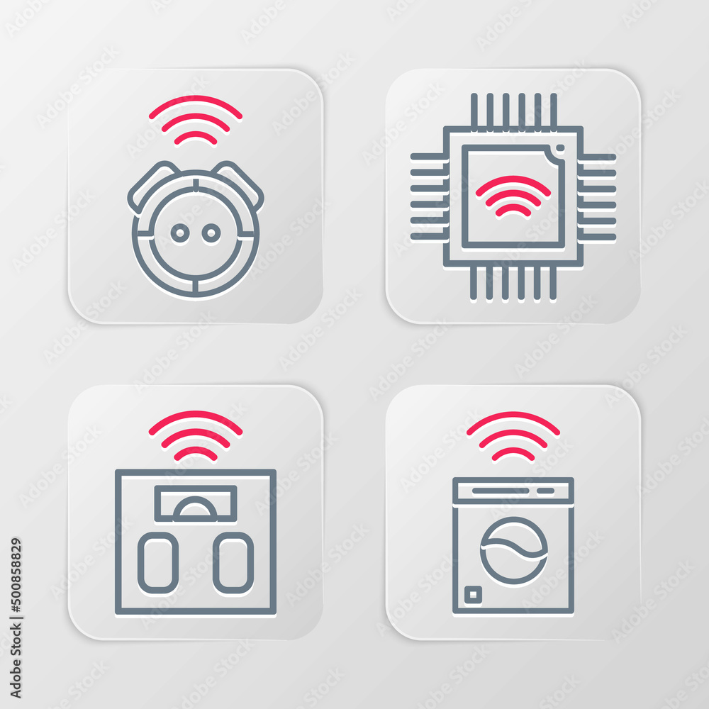 Poster set line smart washer, bathroom scales, processor with microcircuits cpu and robot vacuum cleaner ic