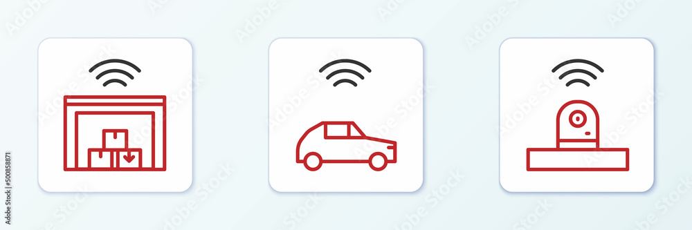 Poster set line smart security camera, warehouse and car system with wireless icon. vector