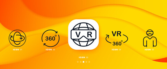 Virtual reality icon set. Orientation in space. Newest technologies. Fun time. Virtual reality helmet. 3D objects. 360 degrees. Set of icons for presentations or web pages.