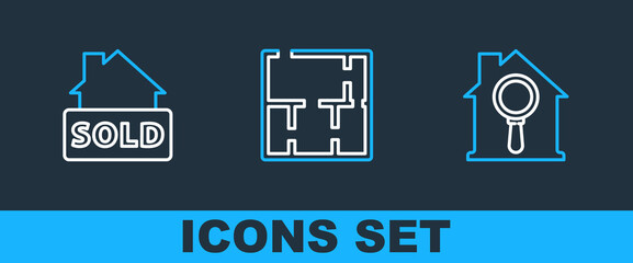 Set line Search house, Hanging sign with text Sold and House plan icon. Vector