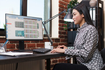 Research agency office worker analyzing organization financial data and statistics. Young confident company employee reviewing startup project status charts while sitting in modern office. - obrazy, fototapety, plakaty