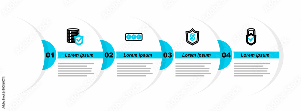 Poster set line lock and check mark, shield with dollar, password protection and server shield icon. vector