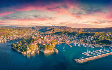 Spectacular evening view from flying drone of Agropoli port. Marvelous summer seascape of...