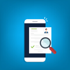 Online resume analysis, use phone and magnifying glass to view recruitment resume, concept of recruitment and human resources	