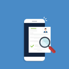 Online resume analysis, use phone and magnifying glass to view recruitment resume, concept of recruitment and human resources	