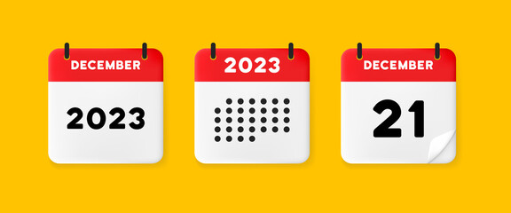 Calendar icon. December. 2023 21 day. Calendar with raised pages. Red calendar isolated on yellow background. 3d vector illustration.