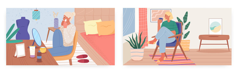 Home leisure activities, landing page design, website banner vector templates. Woman applying facial mask, drinking tea.