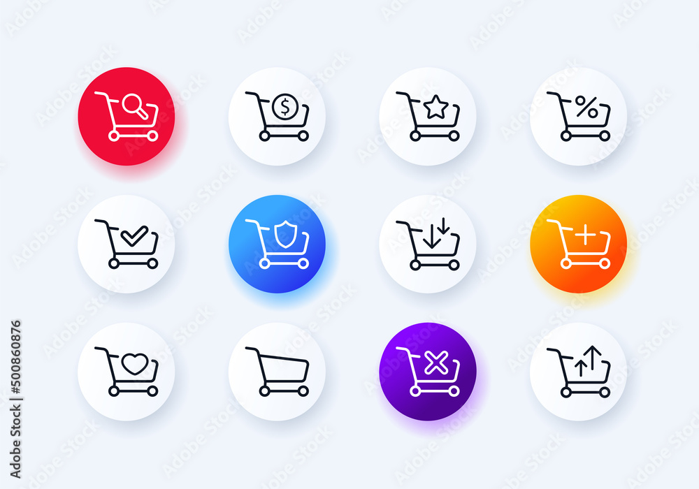 Poster trolley icons set. purchase and return of goods. loading and unloading the basket. discount. neomorp