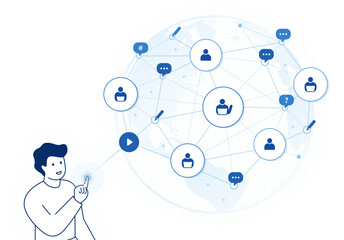 global network connection illustration: social media network, internet communication, online learning, man touching virtual screen. editable vector illustration