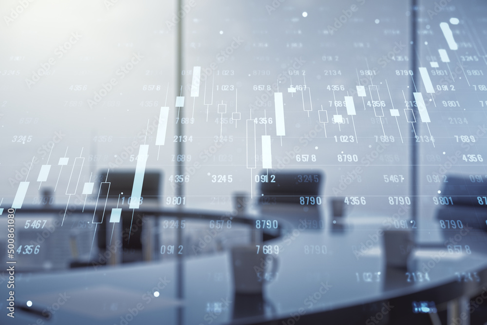 Poster double exposure of abstract virtual statistics data hologram on a modern meeting room background, st