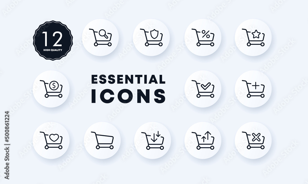 Poster trolley icons set. purchase and return of goods. loading and unloading the basket. discount. neomorp