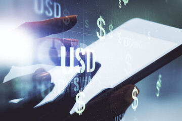 Creative concept of USD symbols illustration and finger clicks on a digital tablet on background. Trading and currency concept. Multiexposure