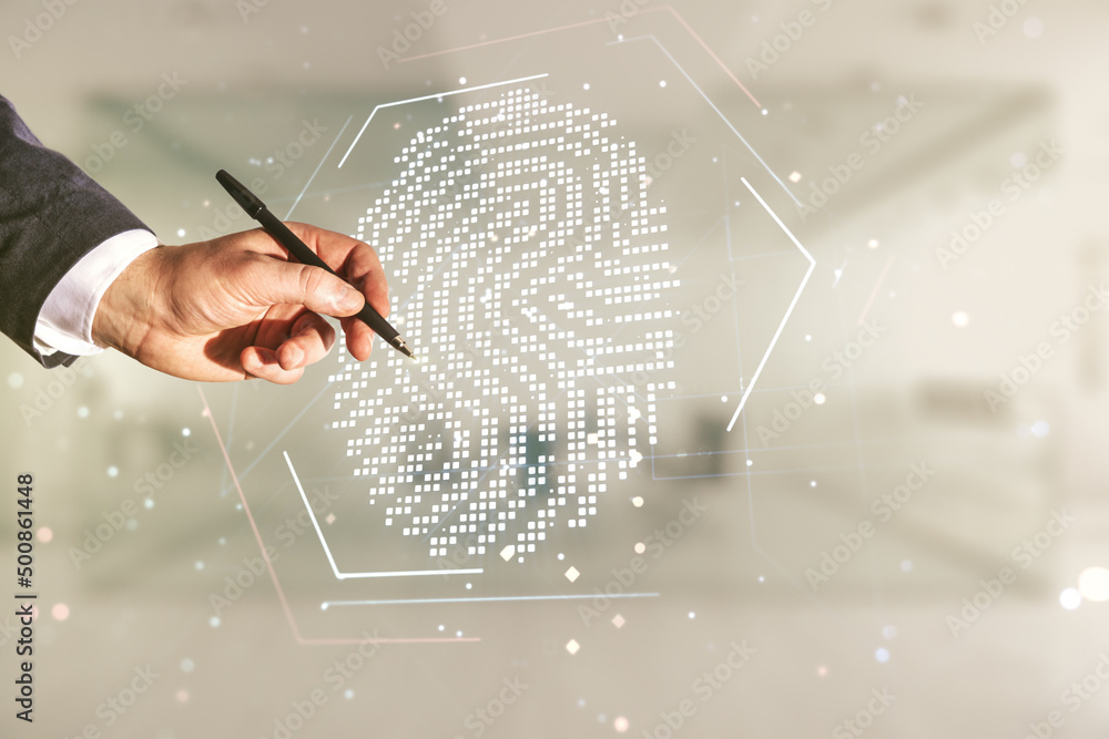 Poster multi exposure of developer's hand with pen working with virtual graphic fingerprint sketch on blurr