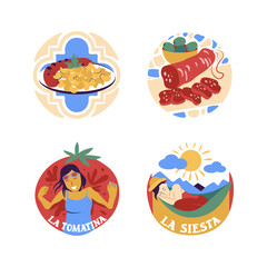 The badges are sausage, beans, lunch break, and the feast of Tomatina